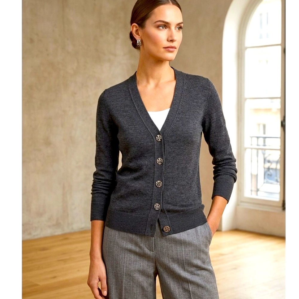 Tory Burch Simone Merino Wool Fitted Cardigan Charcoal Grey Size M